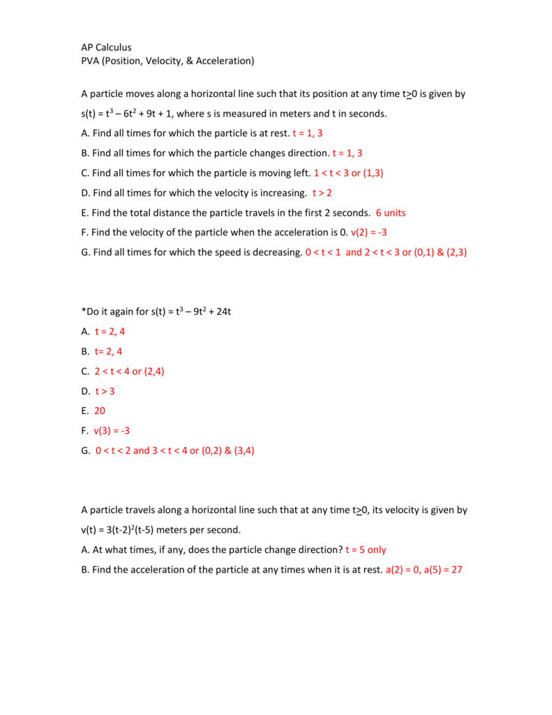 PVA worksheet answers Intended For Velocity And Acceleration Worksheet