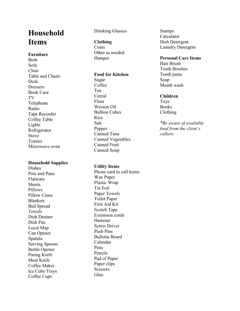 Household Items Needed Lists