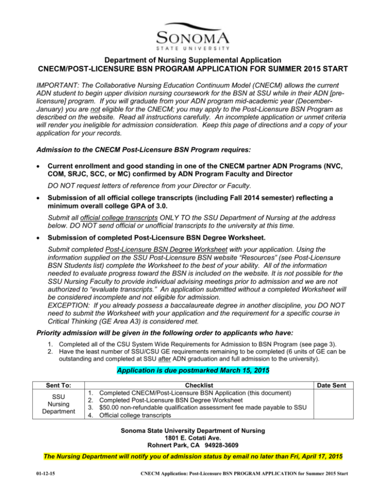 SONOMA STATE UNIVERSITY Department Of Nursing SONOMA STATE UNIVERSITY Department Of Nursing
