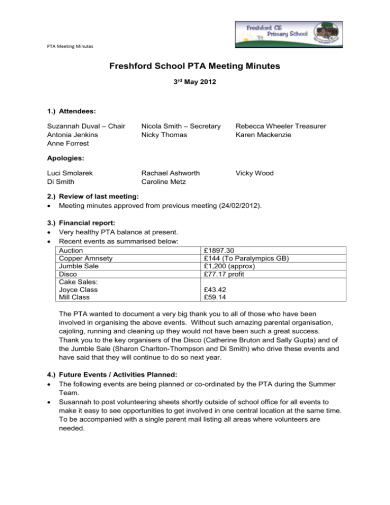 Freshford School PTA Meeting Minutes