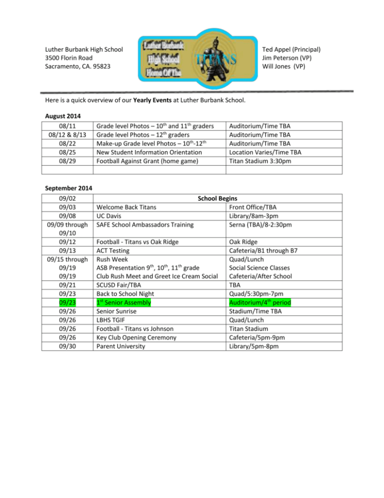 20142015 Calendar Luther Burbank High School