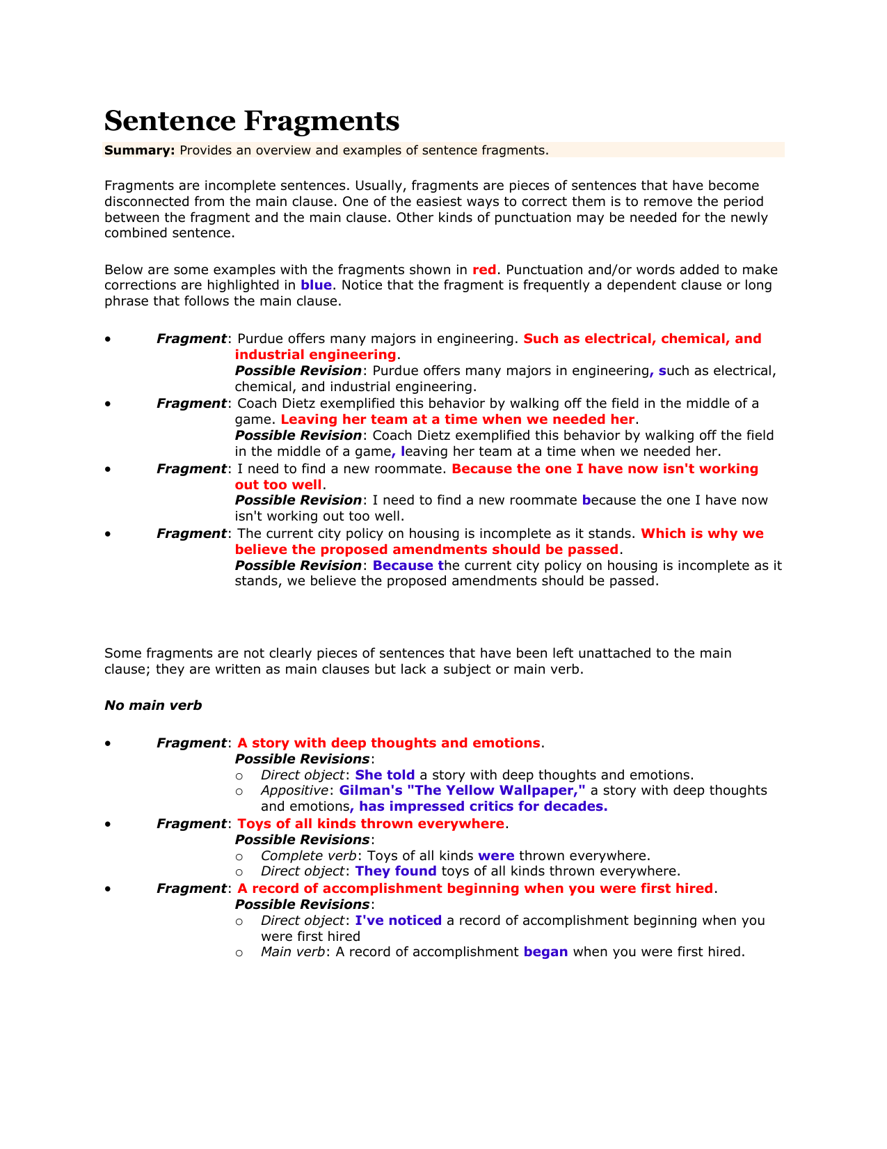 sentence fragment examples and corrections