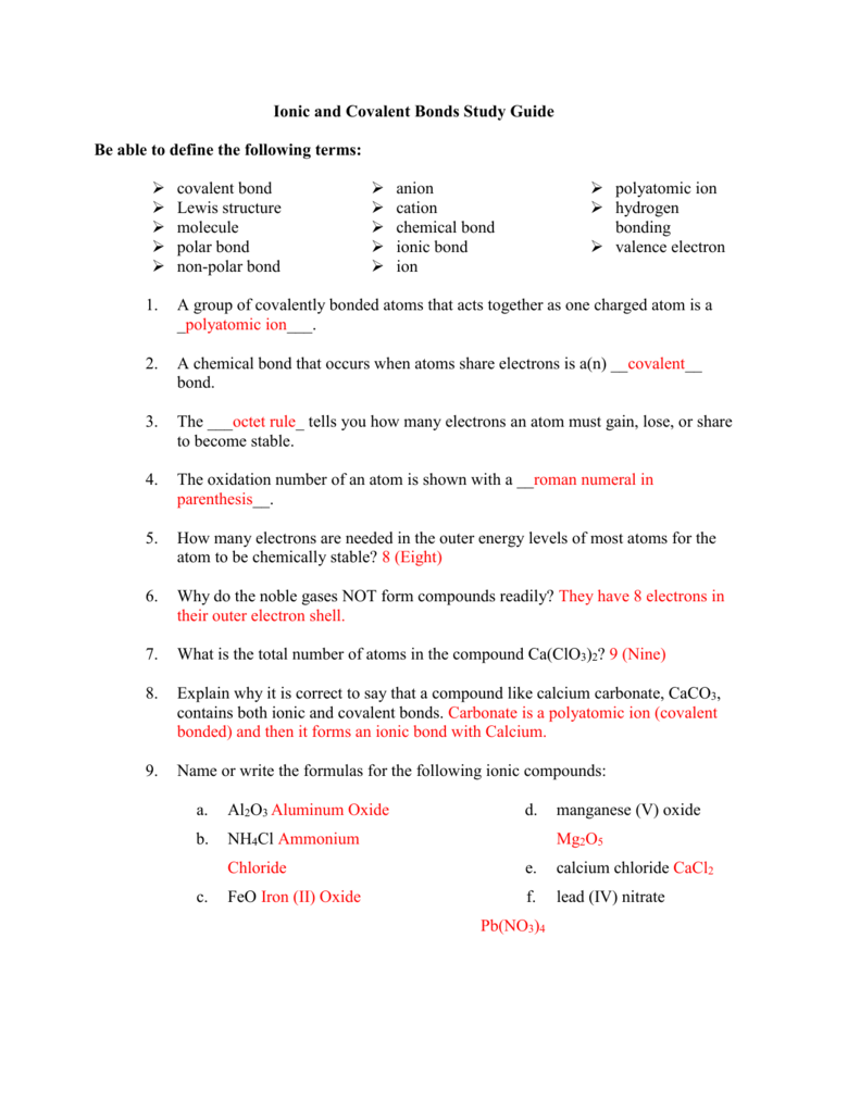 Ionic And Covalent Bonds Study Guide