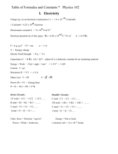Table of Formulas and Constants * Physics 102