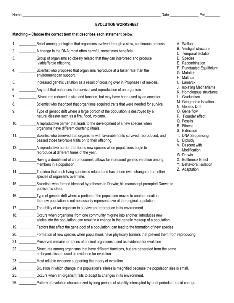 Name Date Per________ EVOLUTION WORKSHEET Matching Intended For Types Of Evolution Worksheet