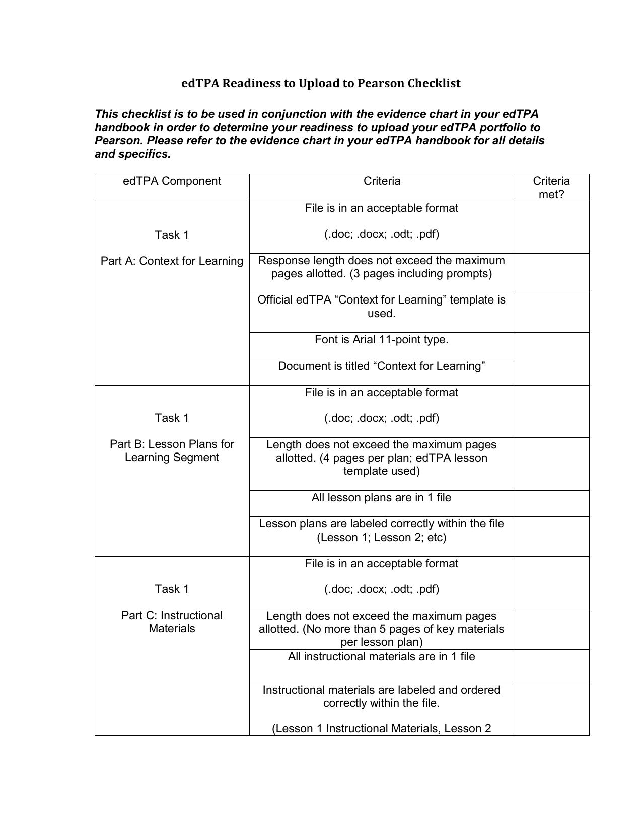 Edtpa Evidence Chart