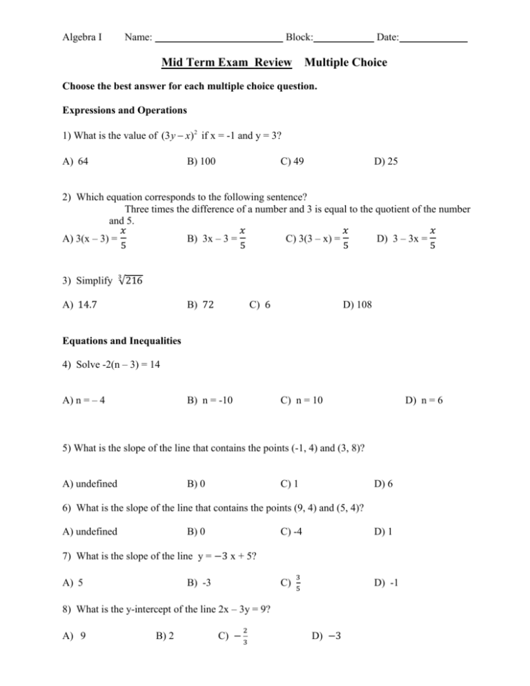 Mid Term Exam Review Multiple Choice