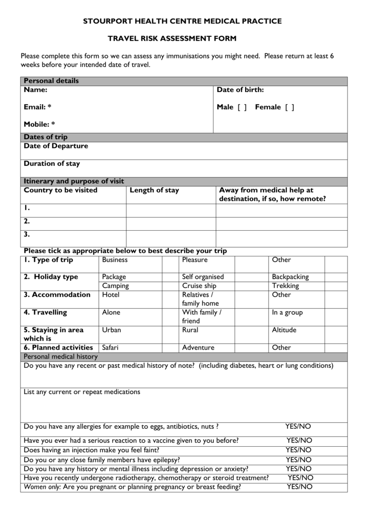 Travel Risk Assessment Form Stourport Health Centre Medical 7464