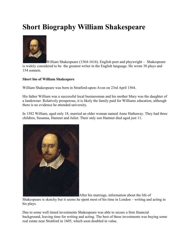 william shakespeare short biography for students pdf