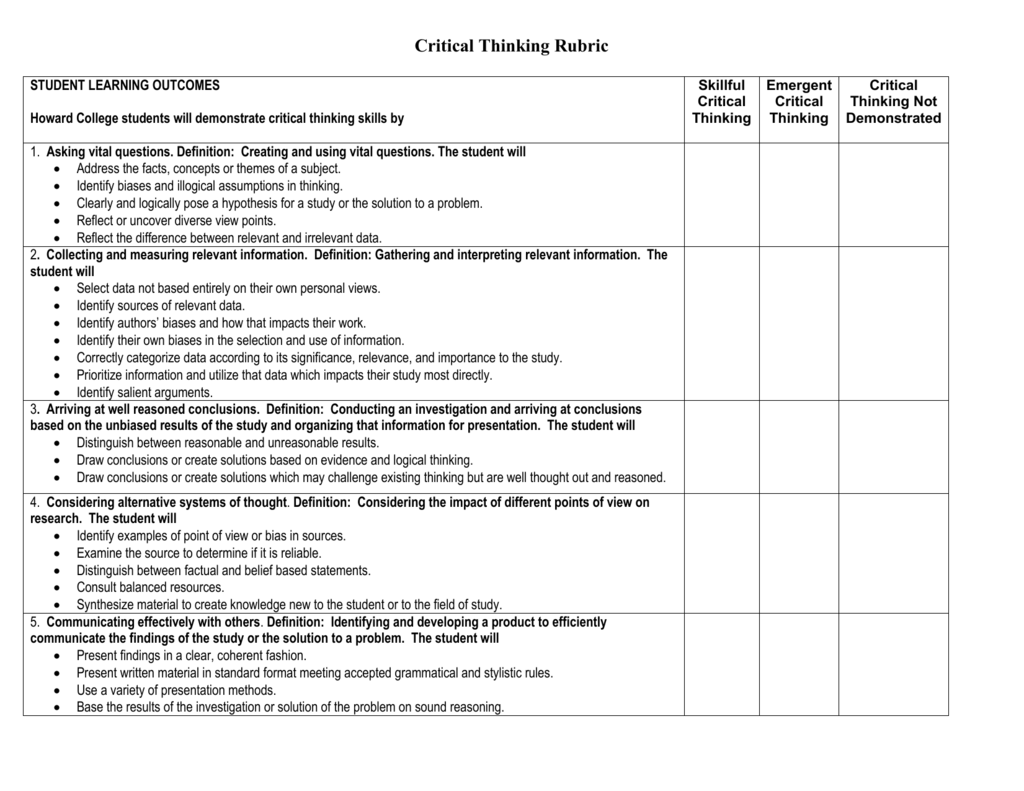 rubric for critical thinking and problem solving