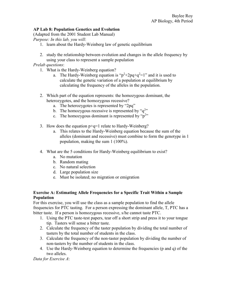 Ap Lab 8 Population Genetics And Evolution