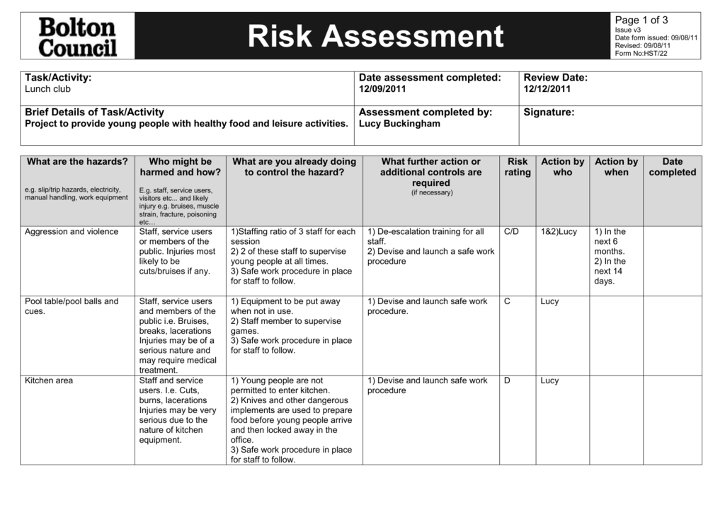 Leisure Services Risk Assessment Form