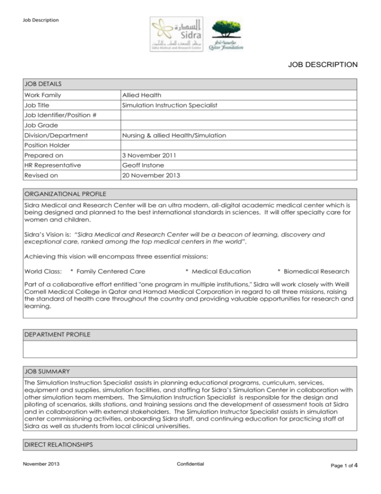 Job Description JOB DESCRIPTION JOB DETAILS Work Family