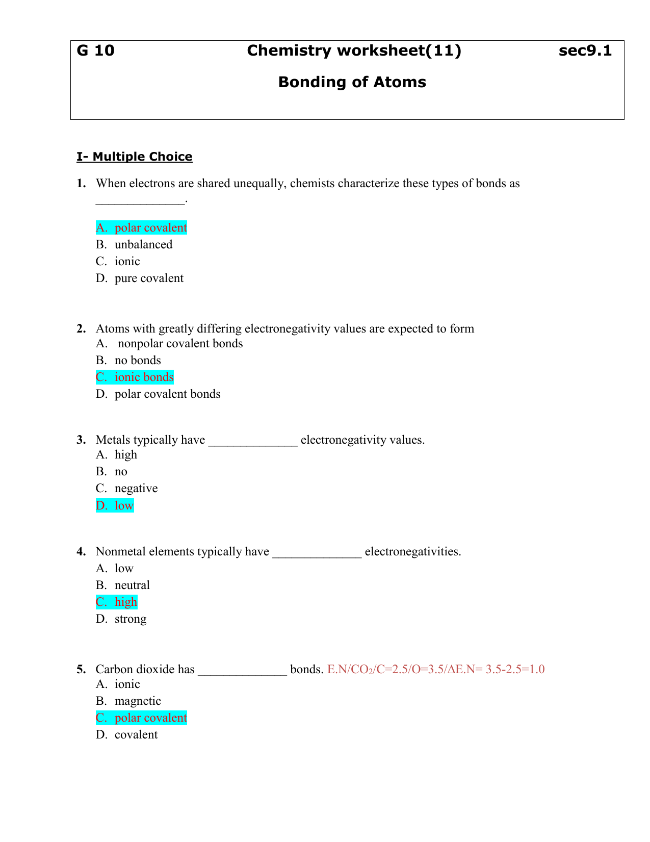 Worksheet Polarity Of Bonds Answers