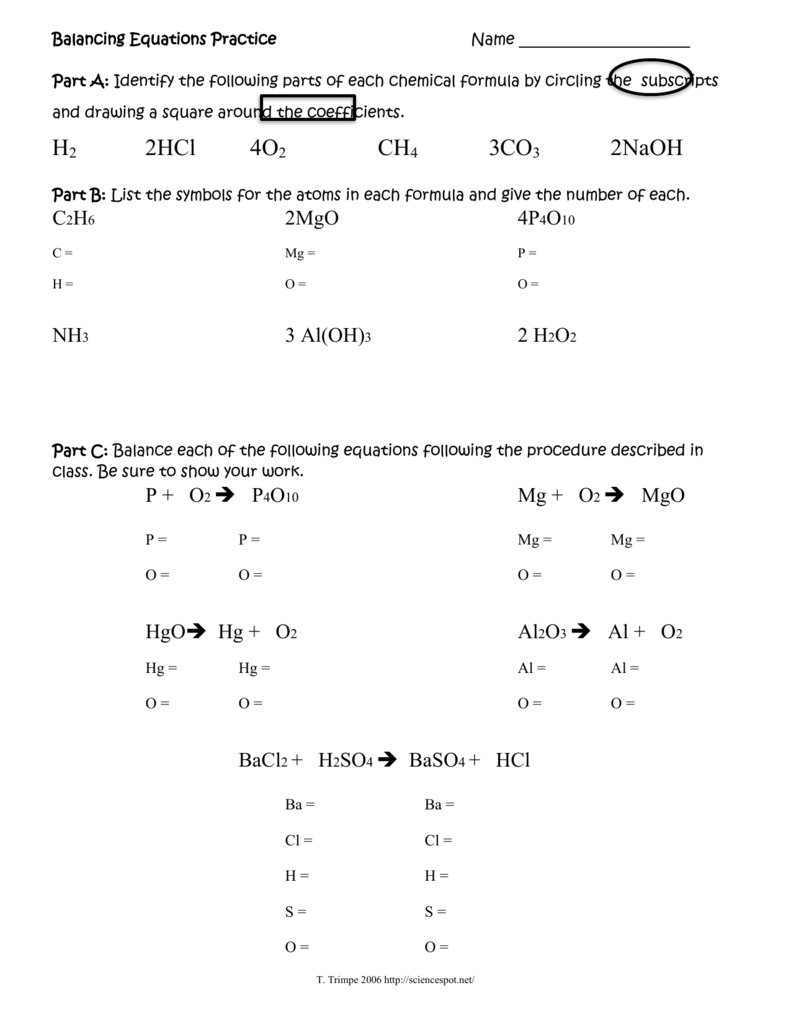 Balancing Equations Practice Worksheet Answers