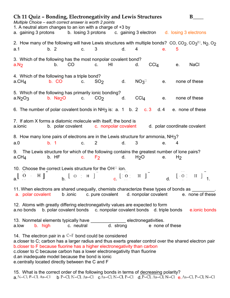 Ch 11 Quiz Bonding Electronegativity And Lewis Structures B