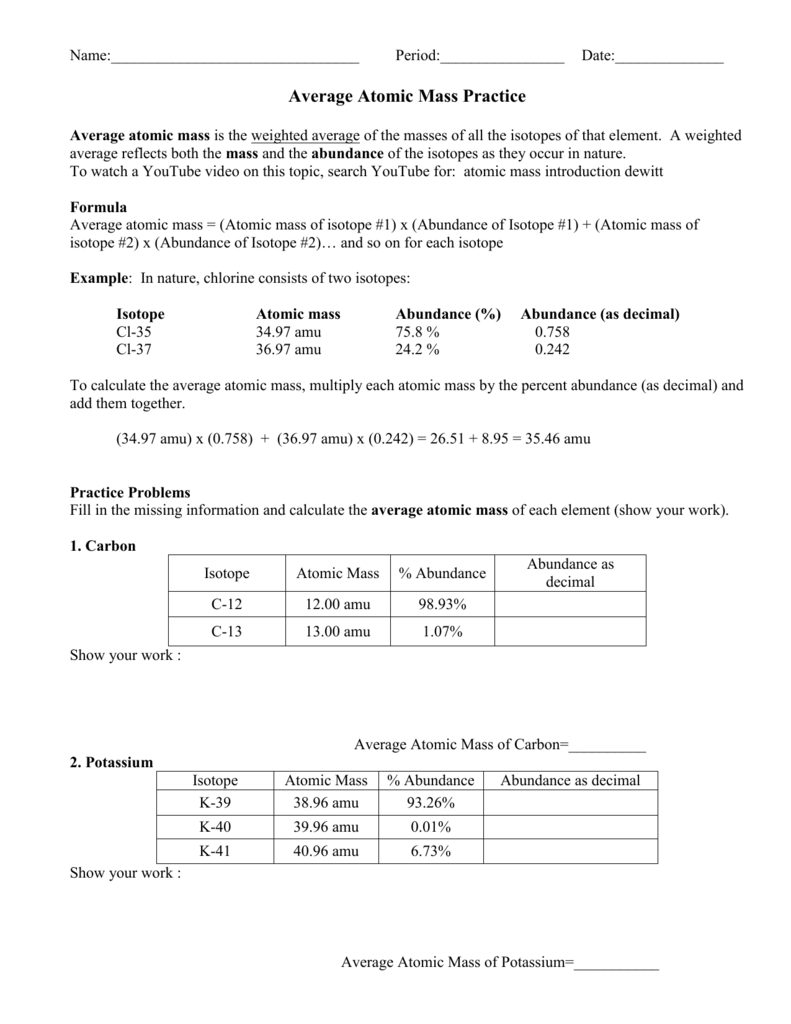 Average Atomic Mass Practice