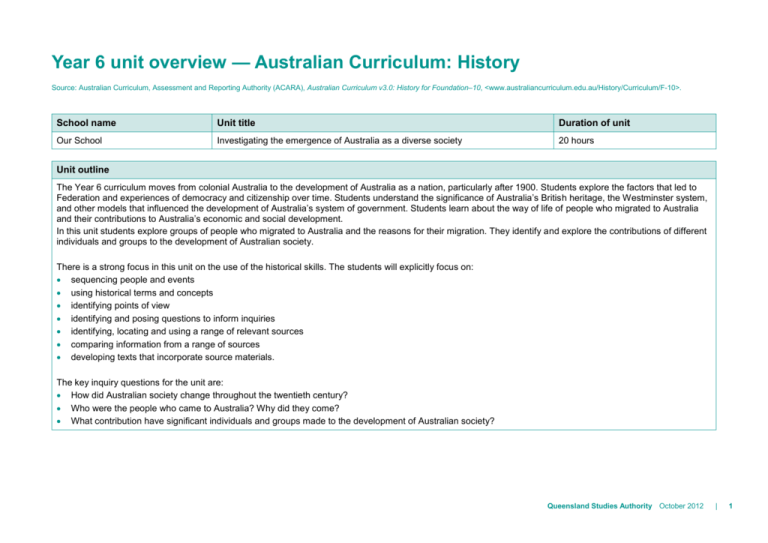 6 unit * Australian Curriculum: History