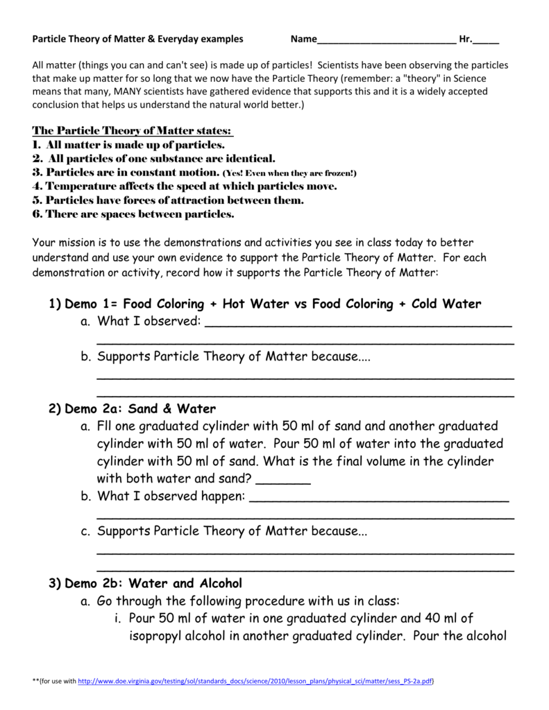 Particle Theory of Matter Activity Sheet Pertaining To Properties Of Matter Worksheet Pdf