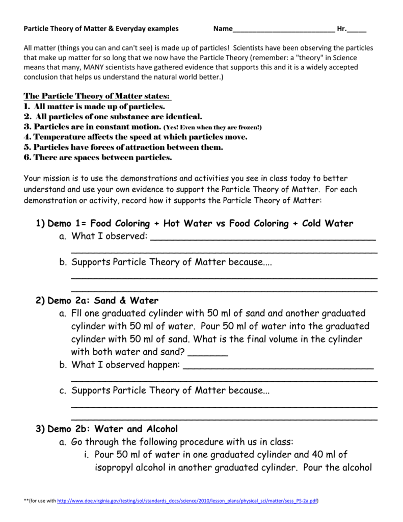 Particle Theory Of Matter Grade 7 Worksheet