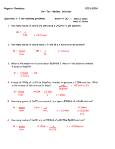 Regents Chemistry 2013-2014 Unit Test Review: Solutions