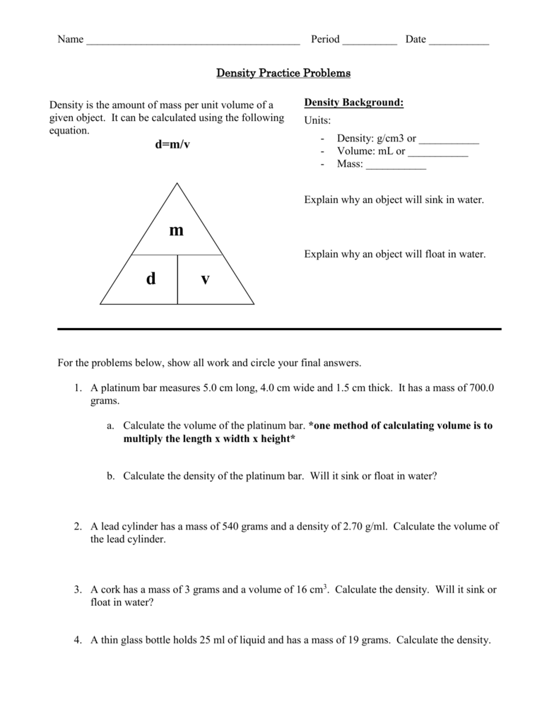 Calculate Density Worksheet
