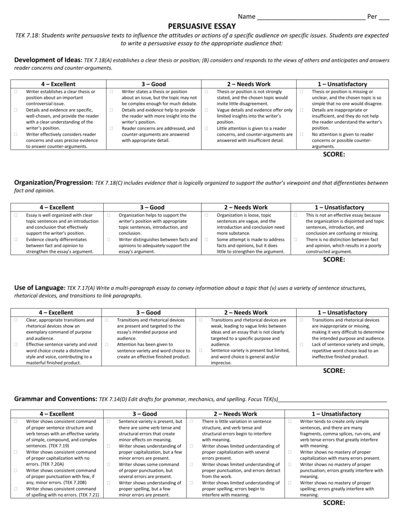 persuasive research paper rubric