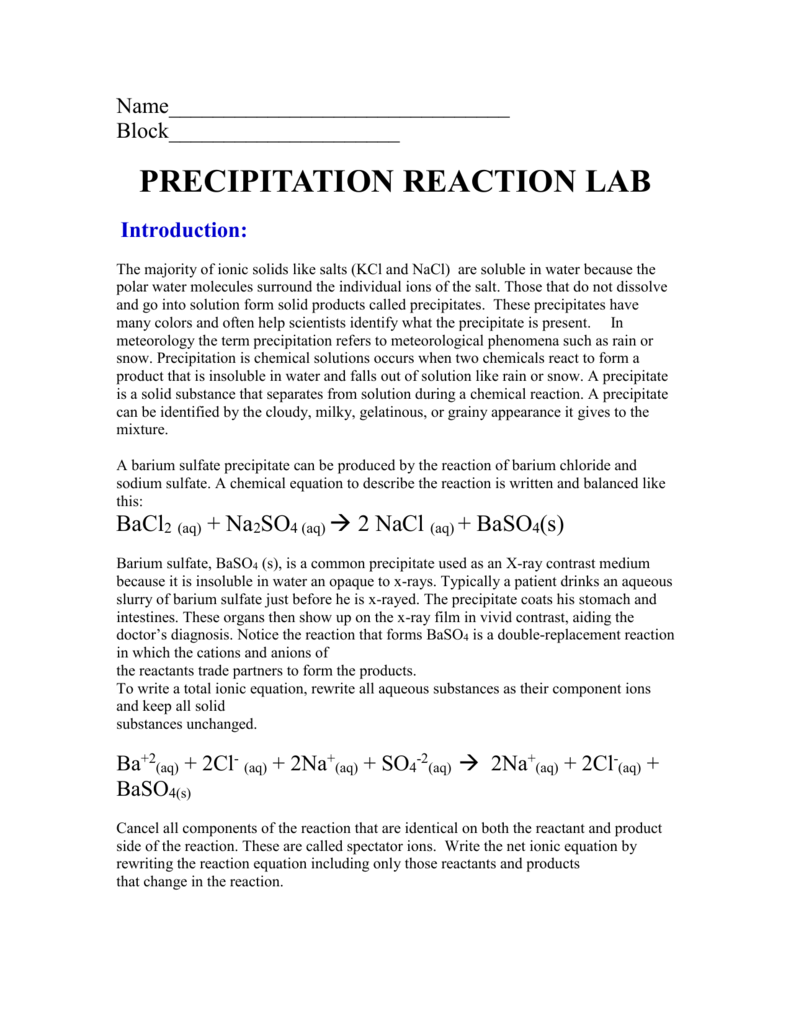 Precipitation Reaction Lab