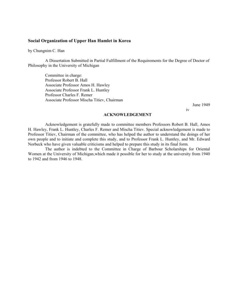 Social Organization of Upper Han Hamlet in Korea