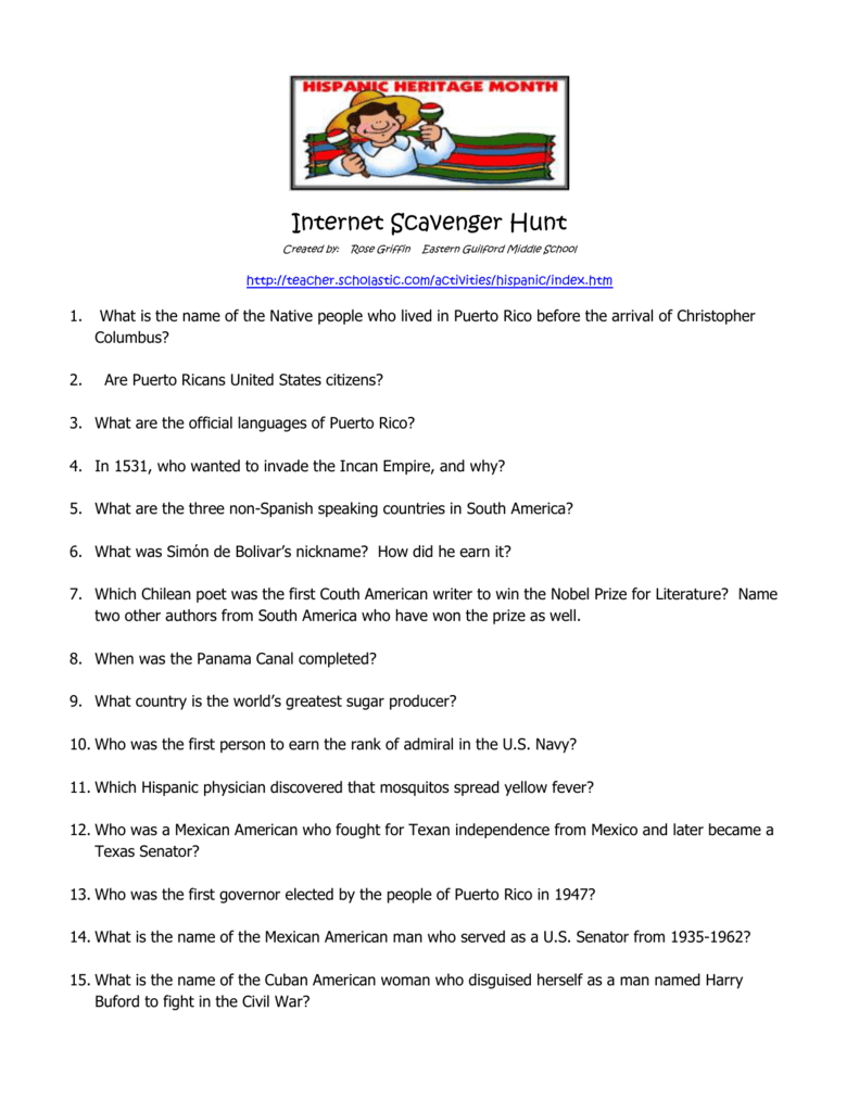 Internet Scavenger Hunt Created by: Rose Griffin Eastern Guilford For Internet Scavenger Hunt Worksheet