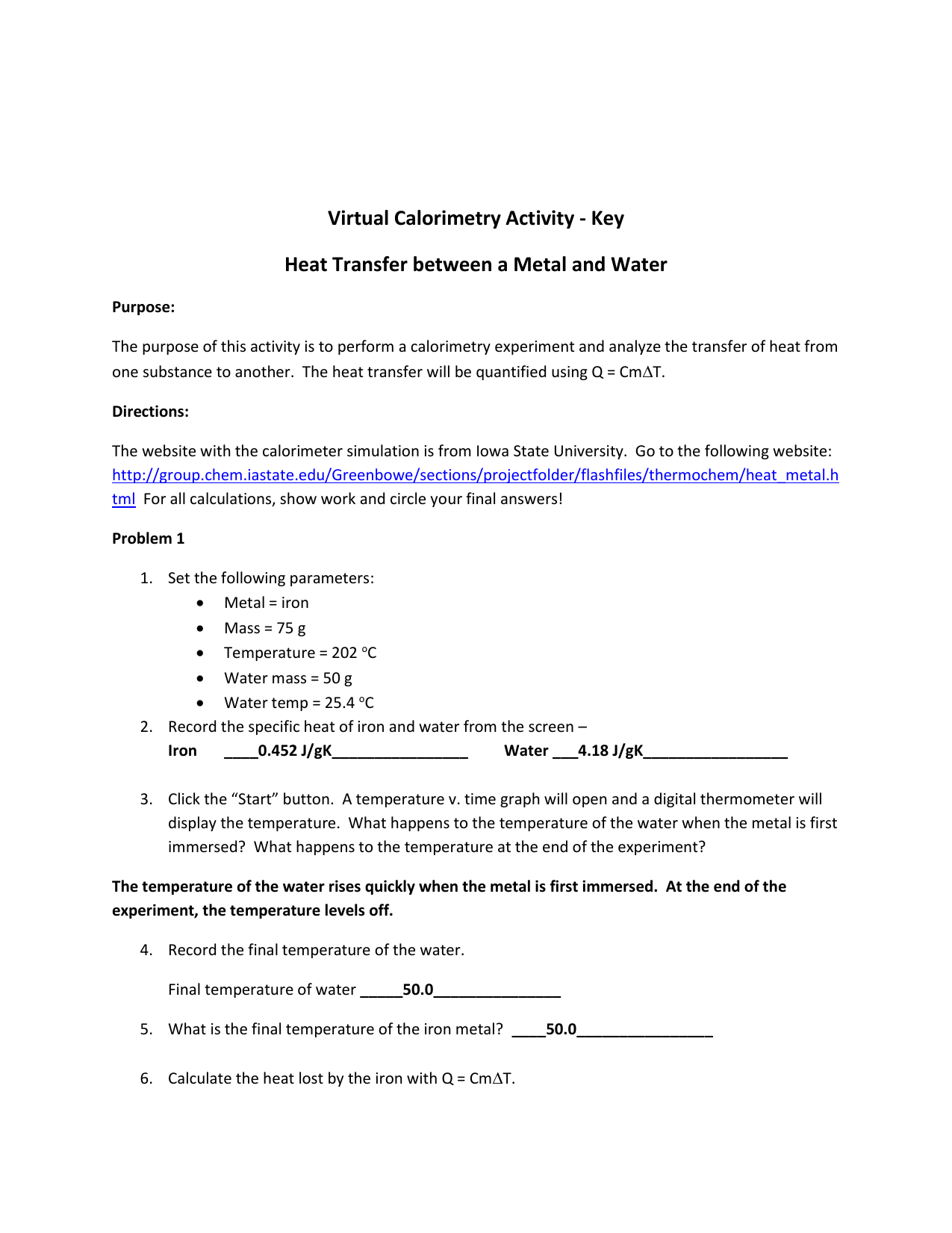 Calorimetry Worksheet Answer Key