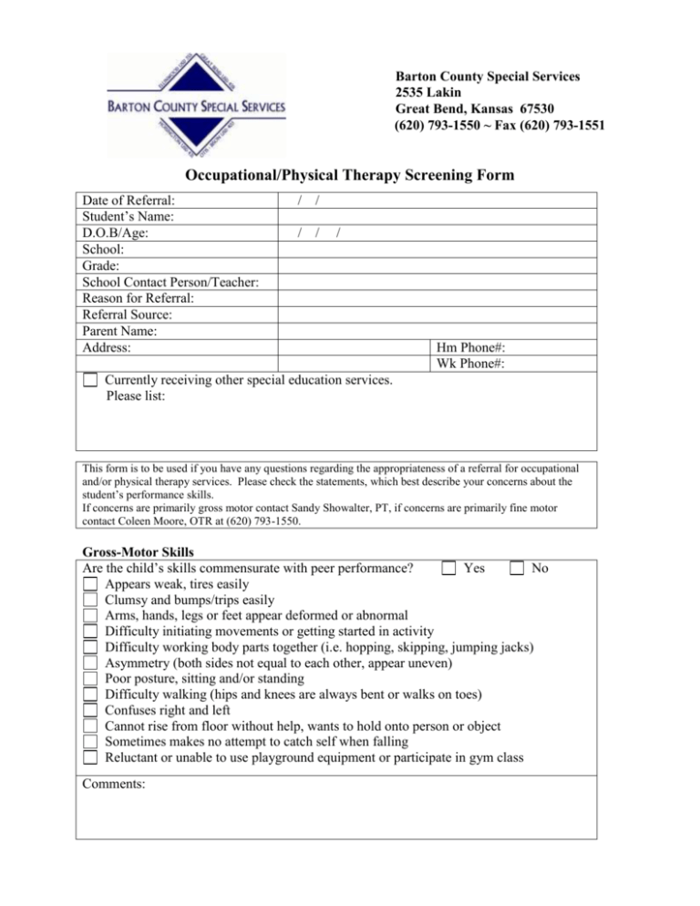 Occupationalphysical Therapy Referral Form 7165