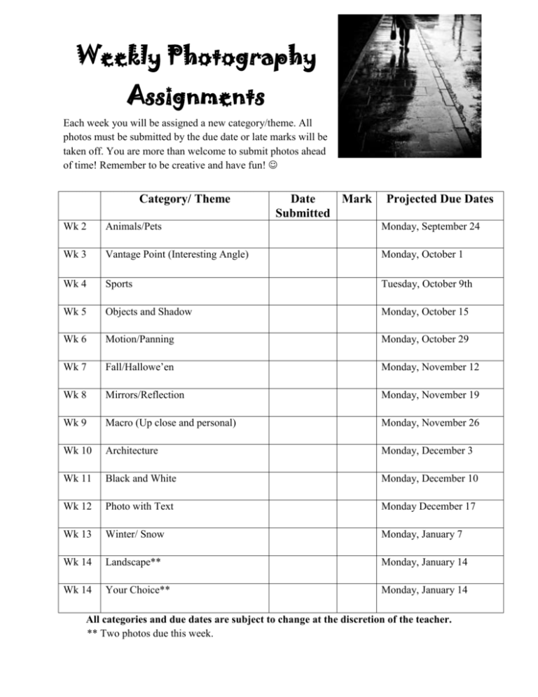 photography lesson assignments