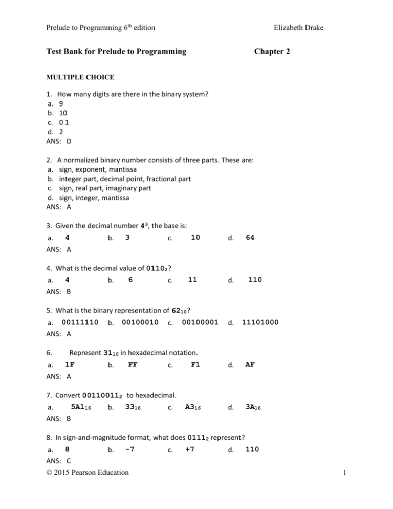 Test Bank For Prelude To Programming Chapter 2