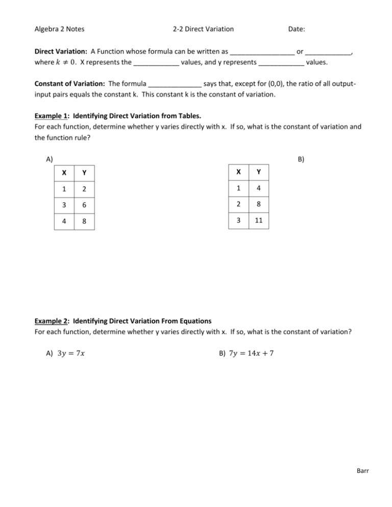 direct variation common core algebra ii homework