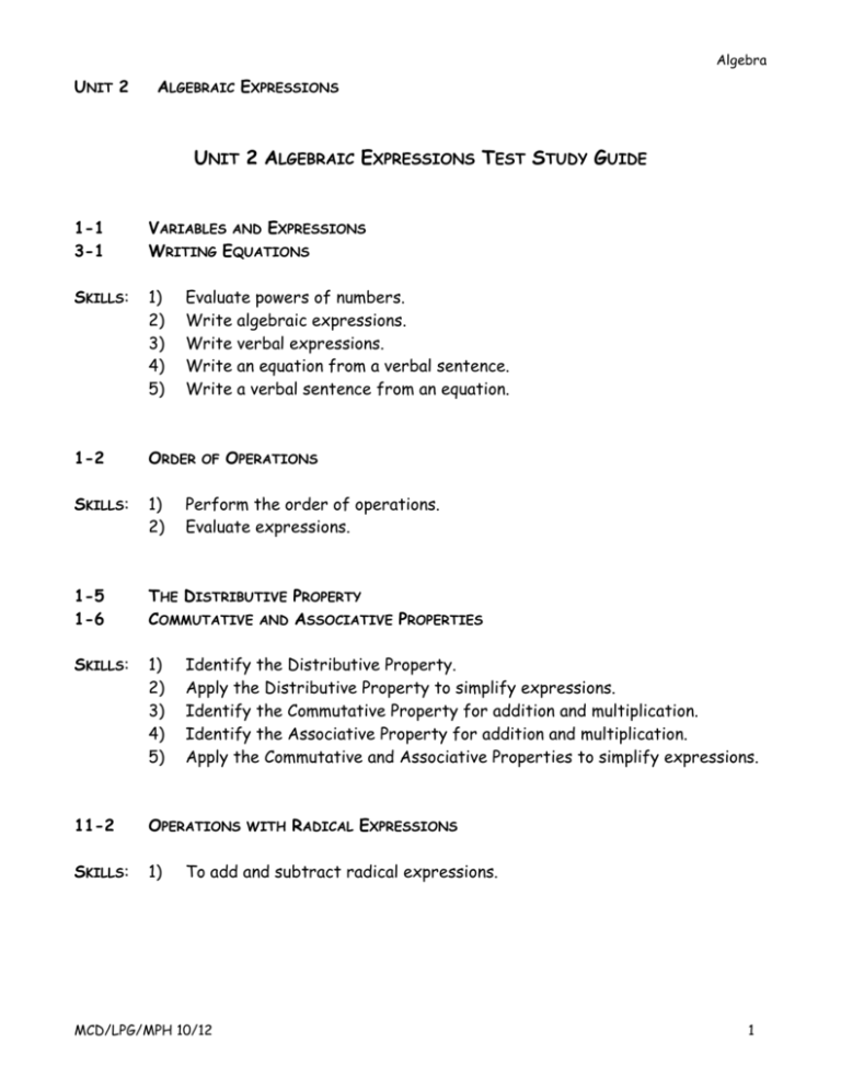 Unit 2 Algebraic Expressions Test Study Guide Unit 2 Algebraic Expressions Test Study Guide