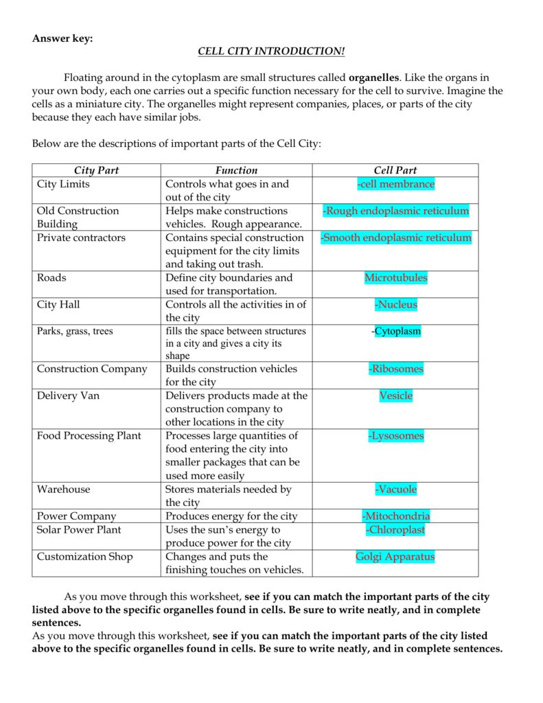 Answer Key Cell City Introduction Floating Around In The