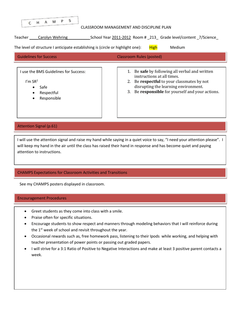 CLASSROOM MANAGEMENT AND DISCIPLINE PLAN