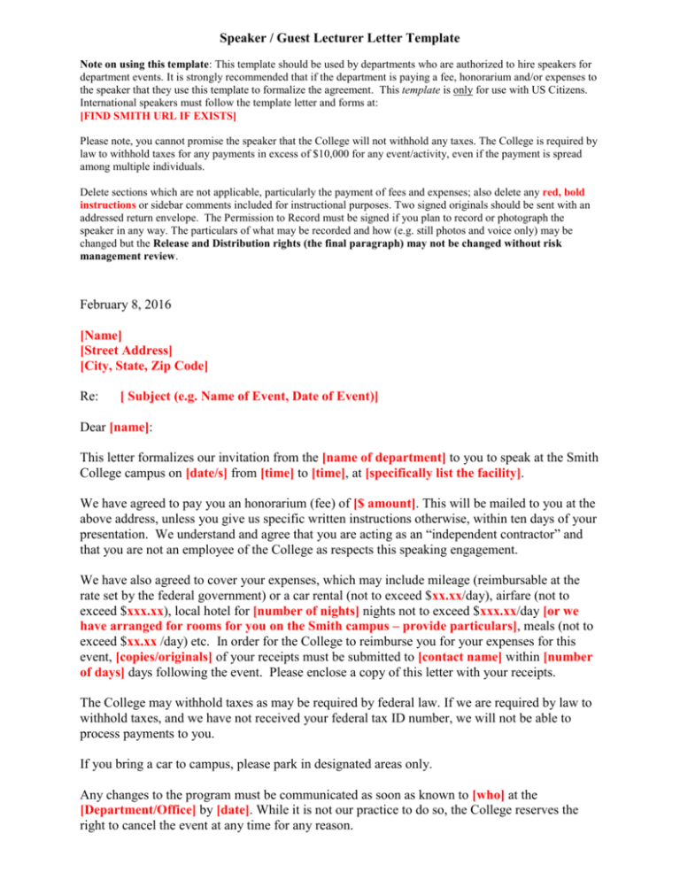 Speaker Guest Lecturer Letter