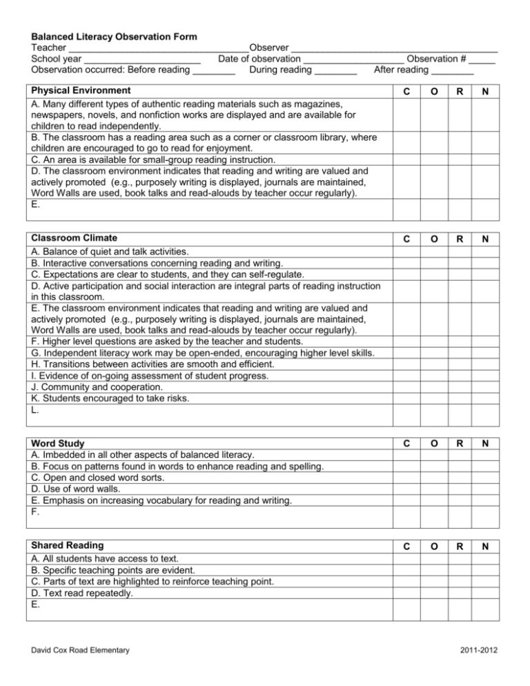 Balanced Literacy Observation Form