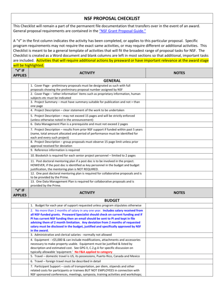 Nsf Proposal Checklist