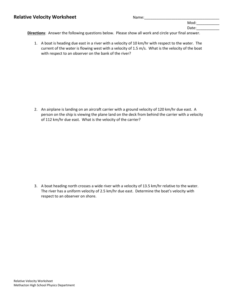 Relative Velocity Worksheet Within Velocity Worksheet With Answers