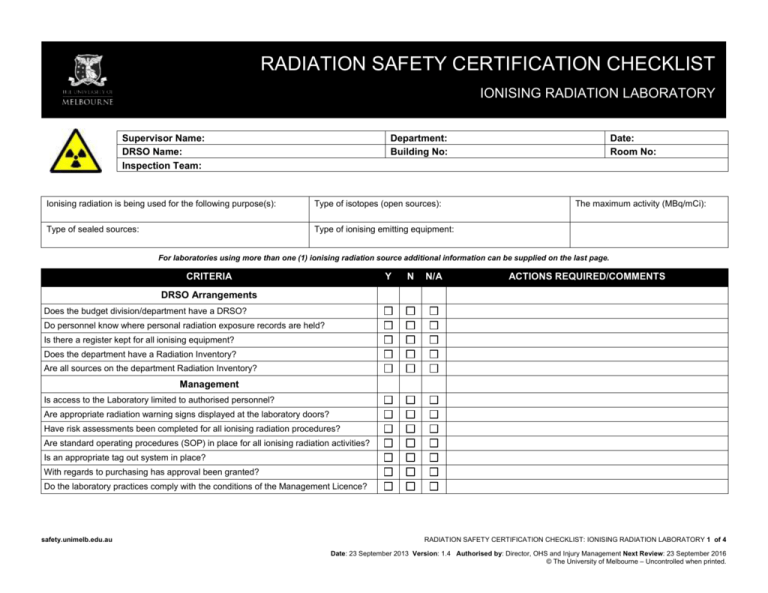 Radiation Safety Certification Checklist Ionising Radiation Laboratory