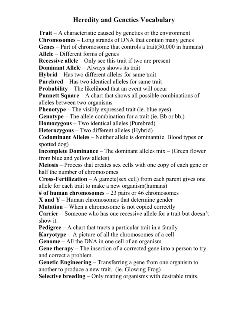 Heredity And Genetics Vocabulary