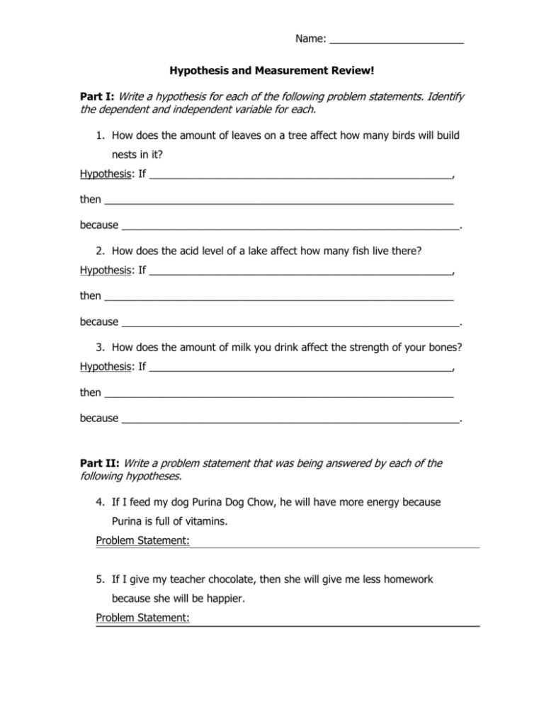 forming a hypothesis worksheet