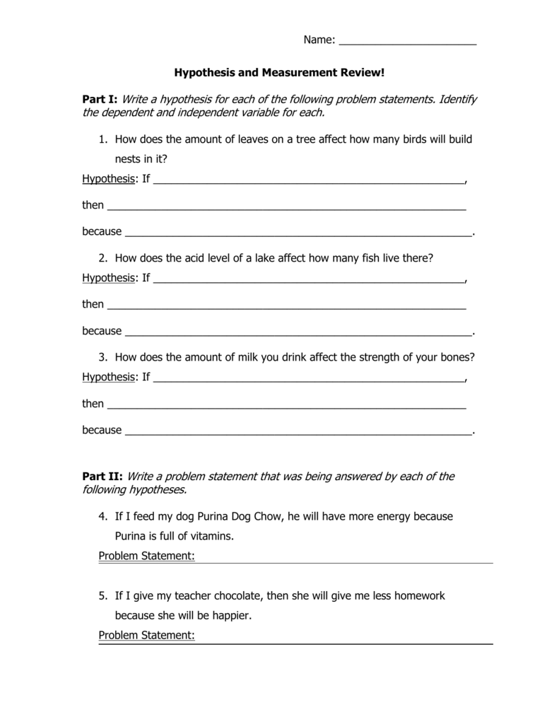 HYPOTHESIS WORKSHEET For Writing A Hypothesis Worksheet