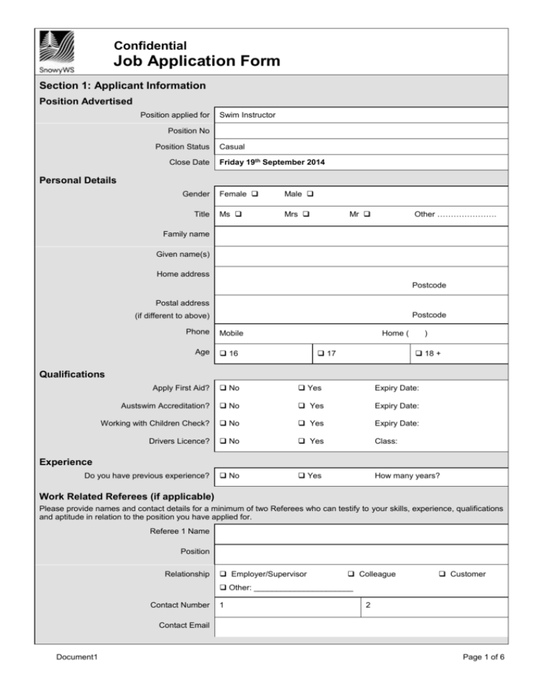 Confidential Job Application Form