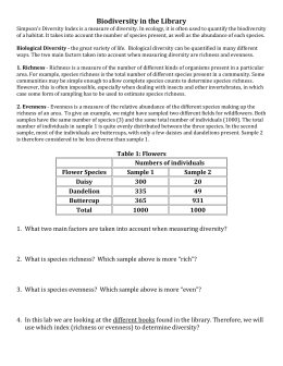 1. Use Simpson`s index (equation 1) to calculate species diversity for