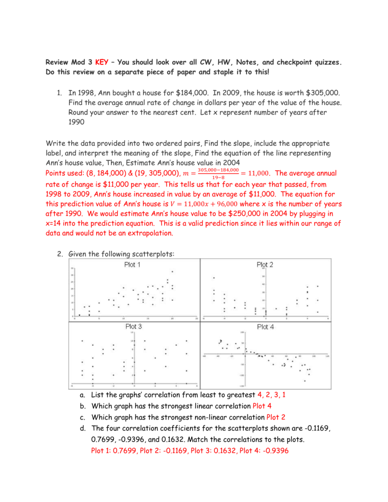 Unit 221 Review 21 KEY Within Scatter Plot Correlation Worksheet