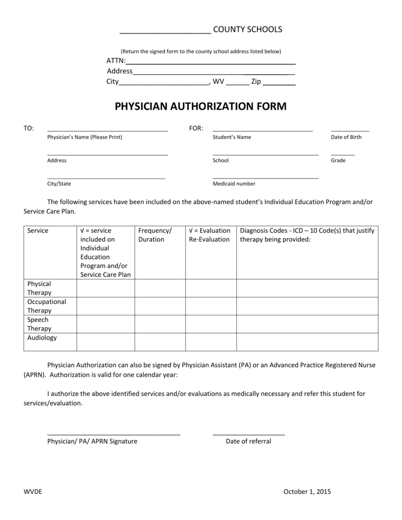 Physician Authorization Form 2015 Word 